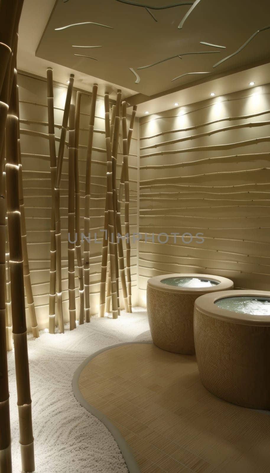 Tranquil bamboo-themed spa room featuring bamboo wall panels, furniture, and decor. designed for ultimate relaxation with soft lighting, soothing colors, and a serene atmosphere, perfect for unwinding and rejuvenation.