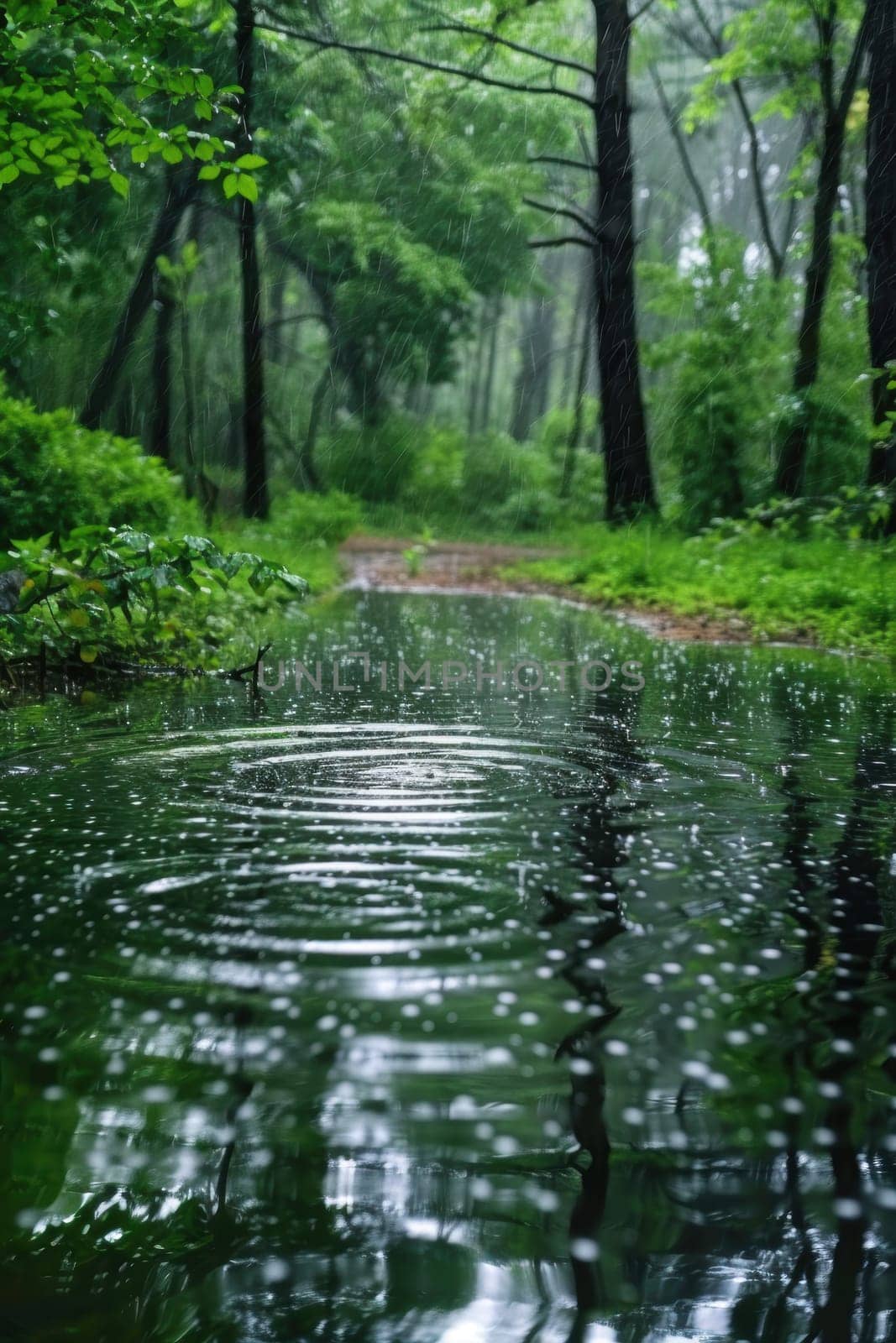 Serene forest clearing featuring a small pond with raindrops creating ripples on the water's surface. lush green trees and foliage provide a tranquil atmosphere, ideal for nature, relaxation, and outdoor-themed designs.