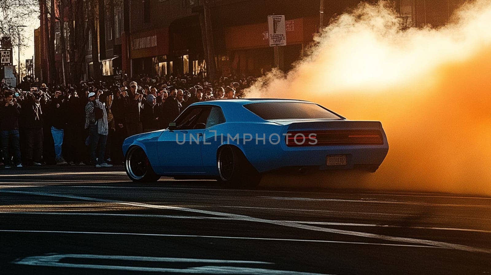 Powerful sports cars race through city streets at sunset, leaving a trail of smoke, thrilling spectators with high speed action