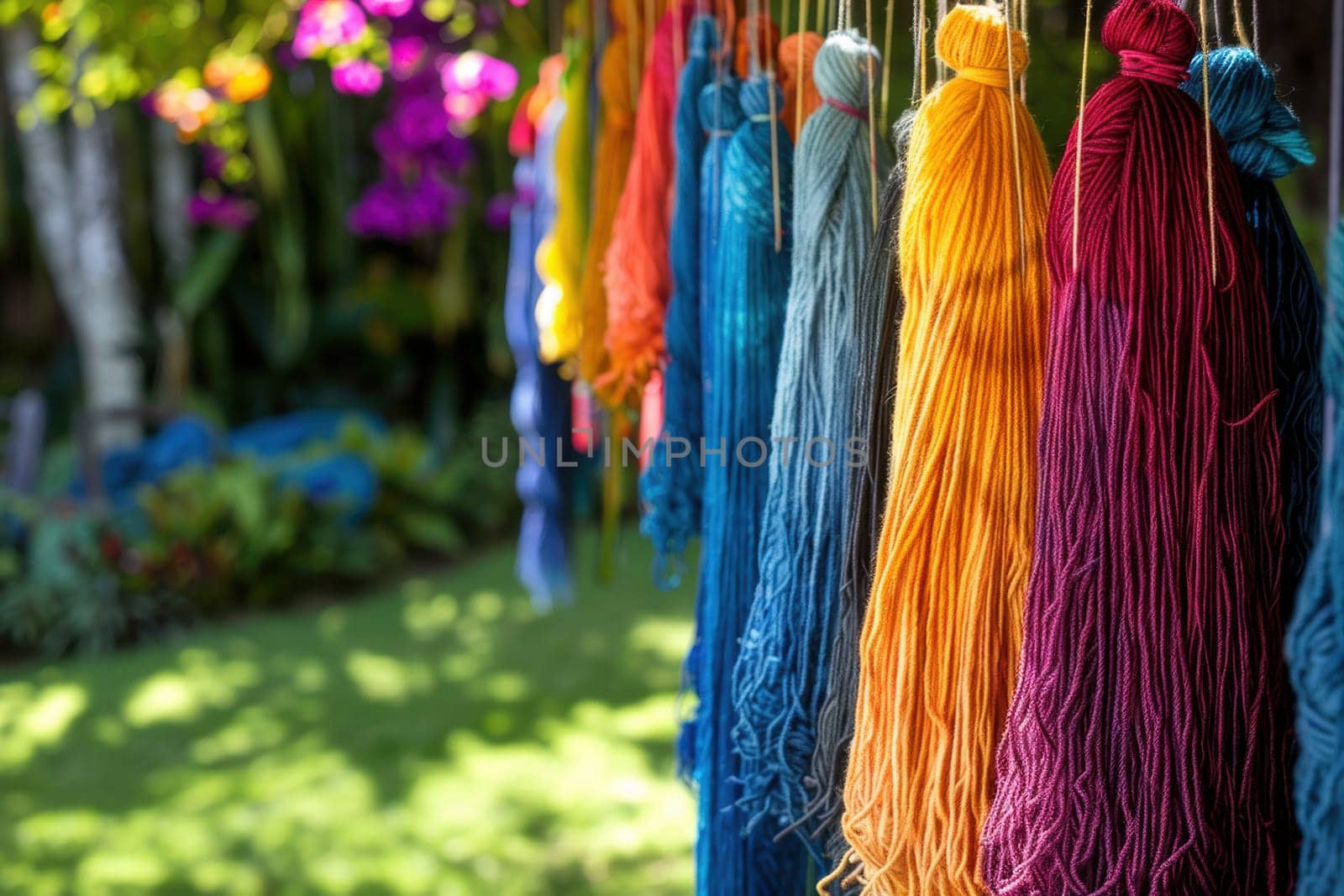 Hand-dyed yarns in vibrant hues of deep blues, bright yellows, and rich reds hang on a line. they contrast beautifully against a lush garden backdrop filled with greenery and blooming flowers, creating a lively and artistic outdoor scene.