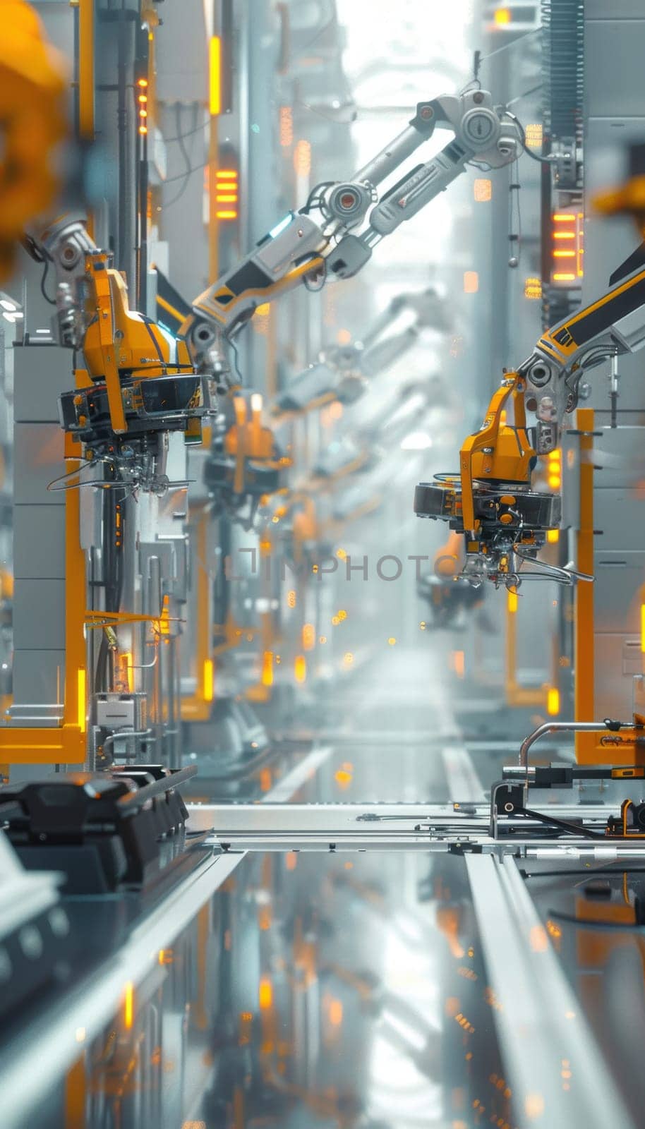 A vibrant futuristic factory showcases an automated drone assembly line with sophisticated robotic arms and cutting-edge machinery in action, reflecting the advancement of industrial technology and harmonious mechanical precision.