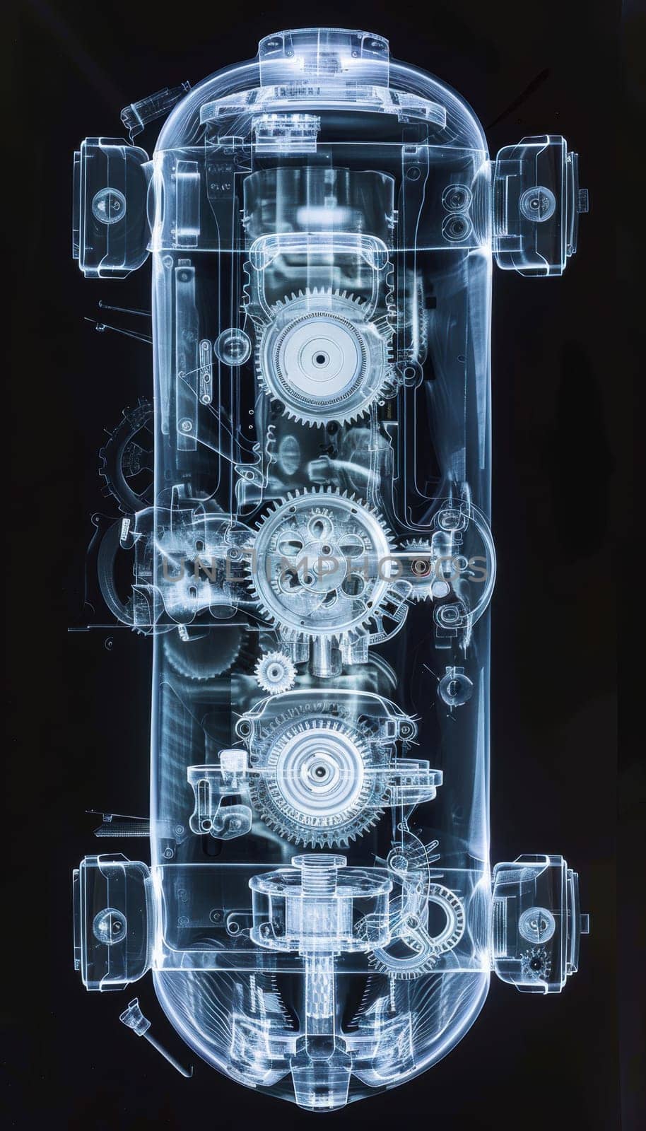 High-resolution x-ray revealing the intricate internal gears and mechanisms of a gearbox. ideal for engineering studies and mechanical design inspirations, showcasing detailed components essential for technical understanding.