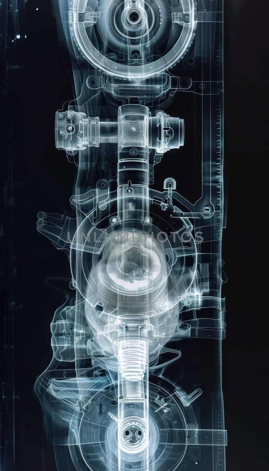 Detailed x-ray image of a mechanical component showcasing internal structures and potential defects. ideal for engineering assessments, design validations, and educational purposes in mechanical and industrial fields.