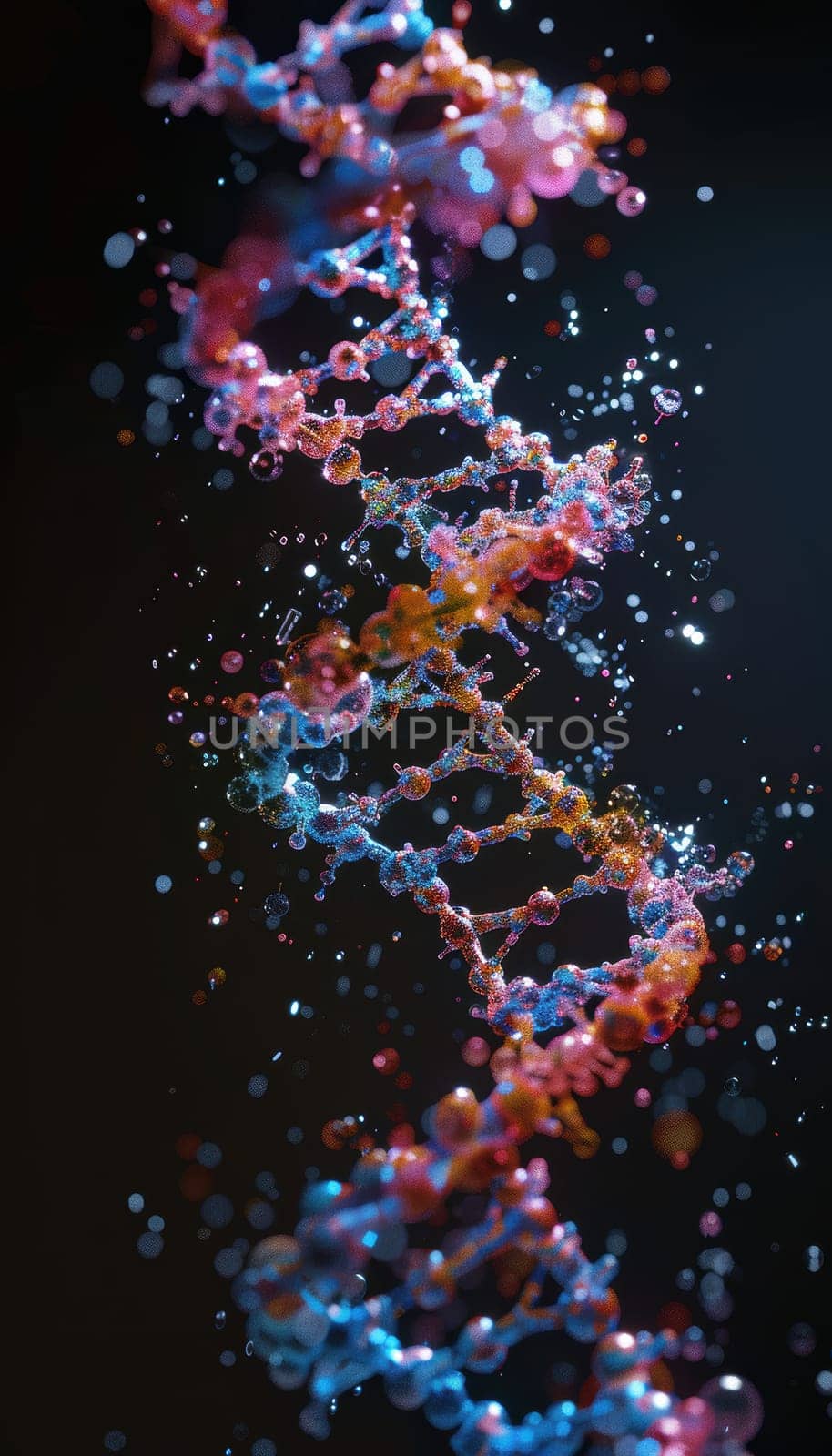 Artistic x-ray diffraction visualization showing the intricate double helix structure of a dna molecule. this colorful representation highlights the molecular complexity and beauty of genetic material, essential for scientific studies.