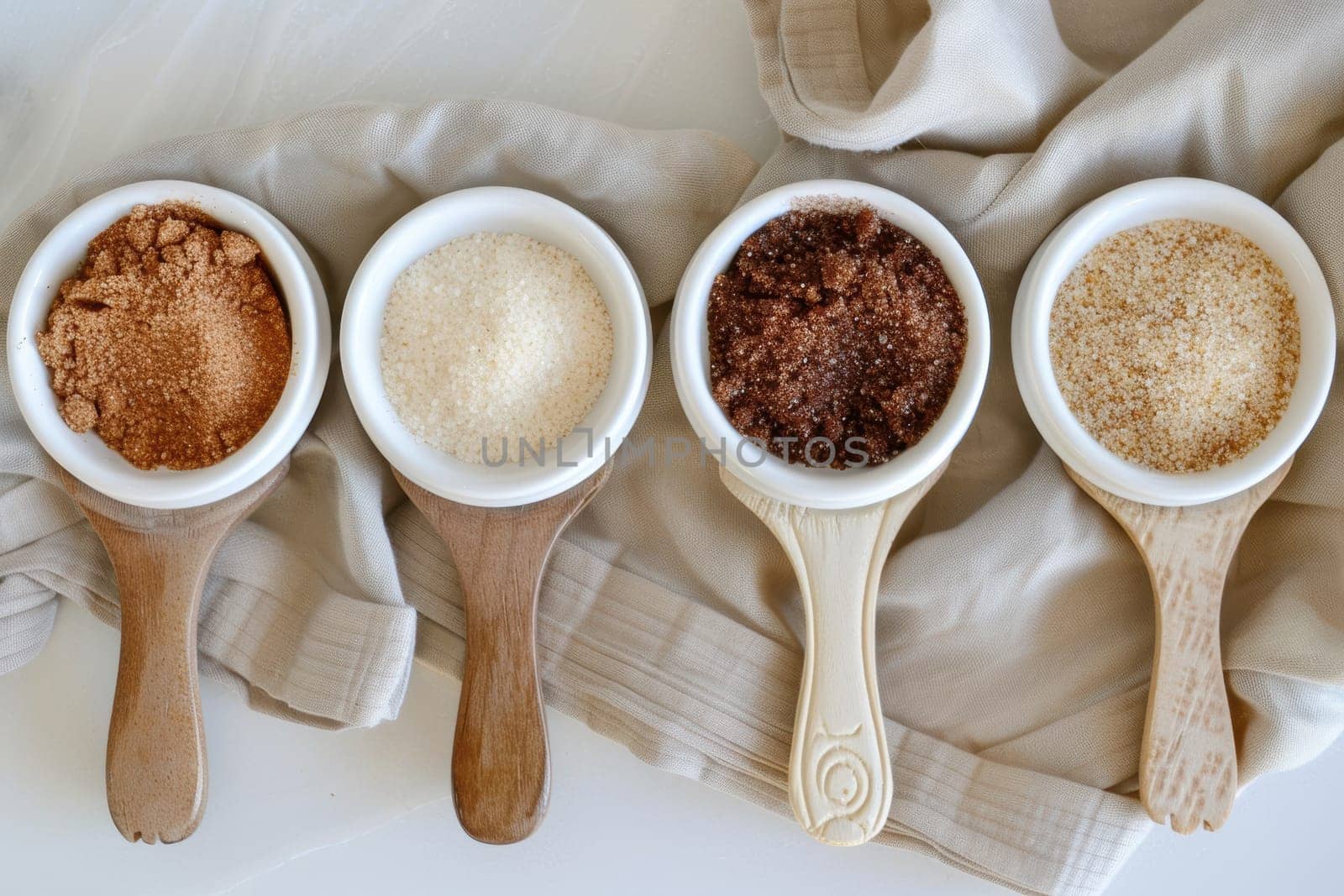 Small bowls of cane sugar, brown sugar, and coconut sugar are arranged side by side on a wooden board, each accompanied by a tasting spoon. this setup is ideal for flavor comparison, analysis, and culinary exploration in professional kitchens or home cooking.