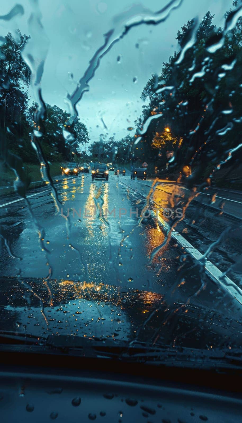 Rain-soaked road trip scene through a lush scenic route, a car battle against heavy downpour. the windshield wipers swipe rhythmically, creating a dynamic pattern on the wet glass, emphasizing the adventure and elements.