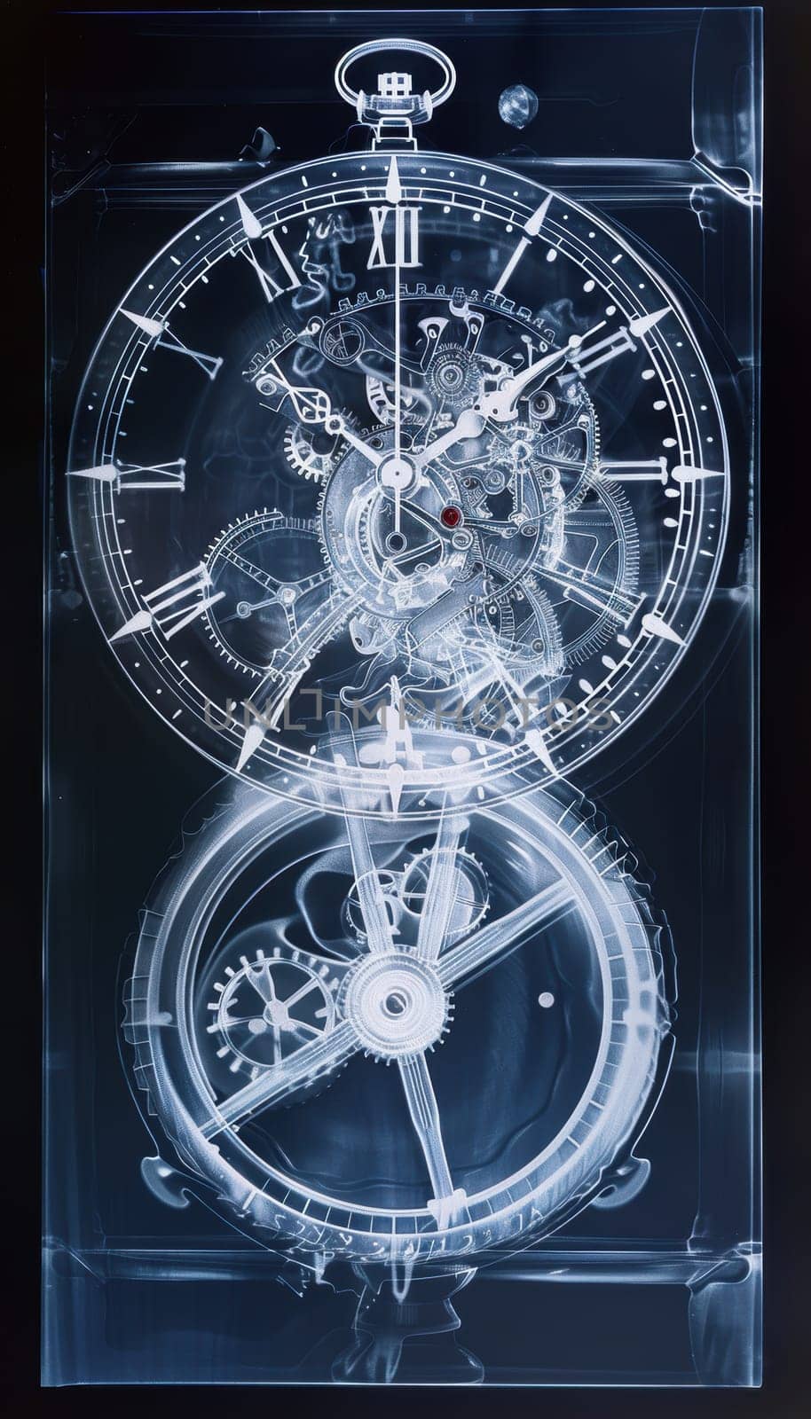 A fascinating x-ray view of a clock, showcasing its intricate gears and mechanisms. this detailed visualization emphasizes the complexity and precision of clockwork engineering, ideal for educational materials and artistic design projects.