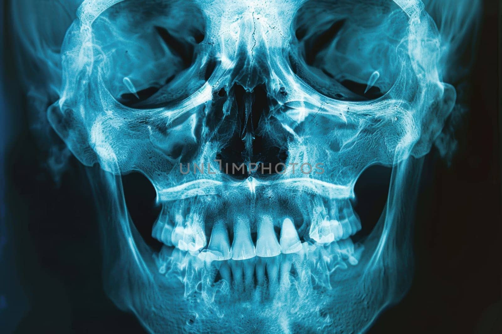 Detailed x-ray image showcasing a human skull with visible sinus infection. highlights affected areas, providing insight into sinus issues for medical professionals, educational purposes, and diagnostic reference.