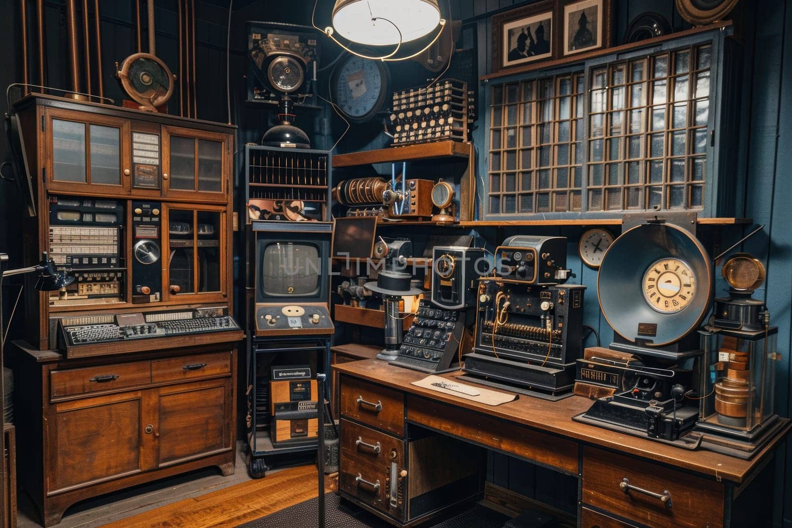 Vintage radiology workspace featuring early 20th-century x-ray equipment and tools. the scene includes a variety of analog instruments, gauges, and machines used by technicians, offering a glimpse into the history of medical imaging technology.
