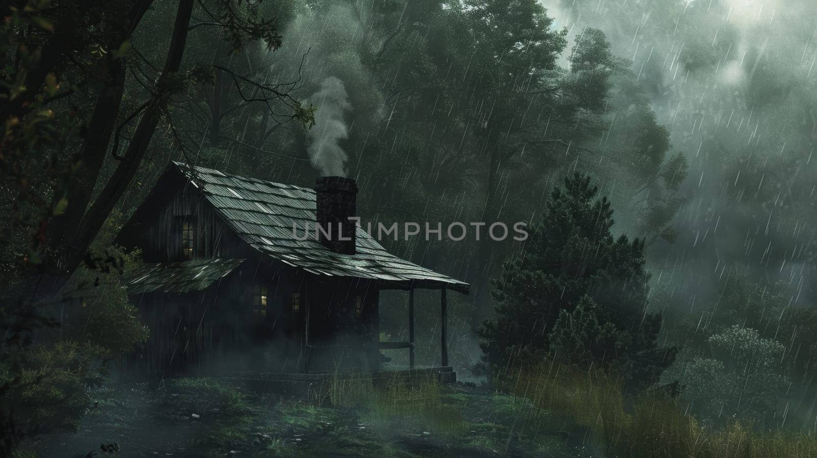 A serene cabin nestled in a dense forest, surrounded by mist and falling rain. the chimney releases gentle smoke, enhancing the warm ambiance. the lush greenery and tall trees create a tranquil escape into nature's embrace.