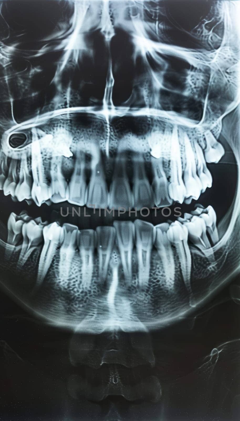 Detailed x-ray of a patient's jaw an impacted tooth requiring extraction. essential for dental professionals and diagnostic reference, showcasing oral health concerns and treatment planning in modern dentistry.
