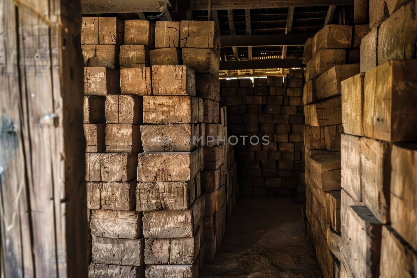 Inside a historical storage room, stacks of unrefined cane sugar blocks are neatly organized. the setting features wooden beams and rustic brick flooring, creating an ambiance of vintage charm and authenticity, ideal for traditional trade.