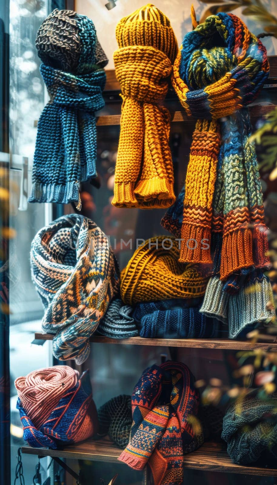 Detailed boutique display featuring an assortment of knitted fashion items, including sweaters, scarves, and hats. the arrangement highlights a variety of textures and patterns, perfect for winter style inspiration and cozy decor settings.