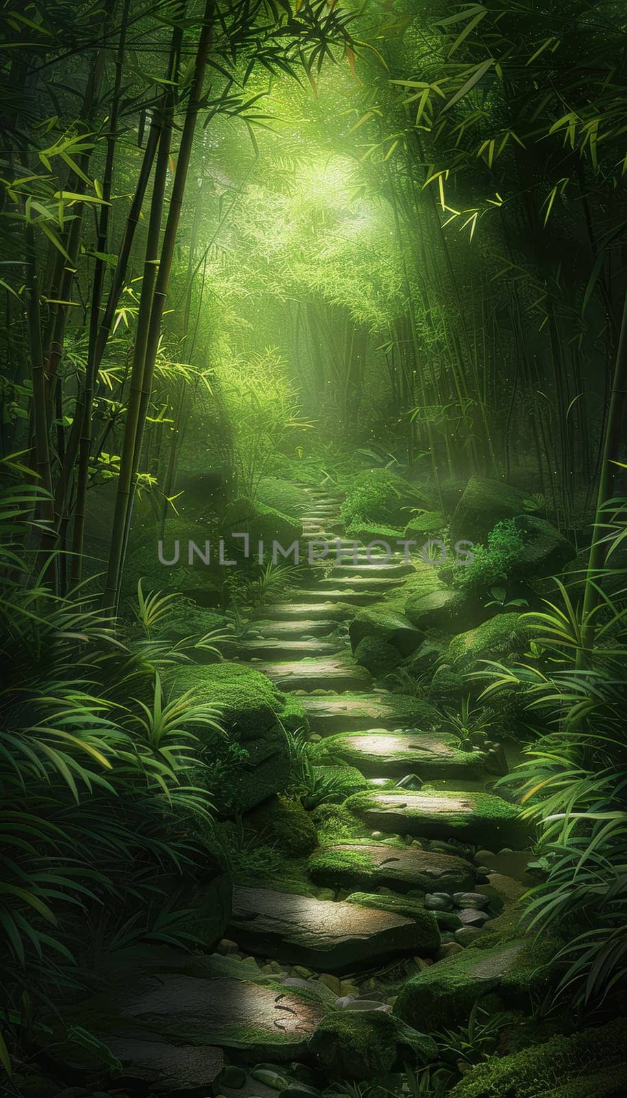 A serene pathway through a dense bamboo forest, with gentle light filtering through the lush green leaves. the stone-lined path invites exploration and leads to a secluded garden oasis, offering a peaceful escape into nature.