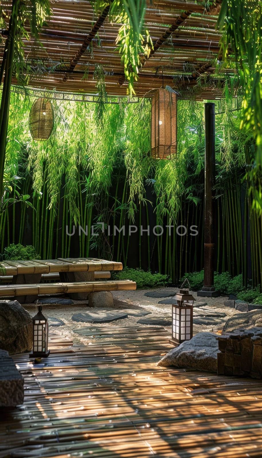 Zen garden designed for tranquility, featuring a bamboo bench and stone lanterns surrounded by tall bamboo plants. a serene space ideal for meditation and relaxation, emphasizing natural beauty and peaceful ambiance.