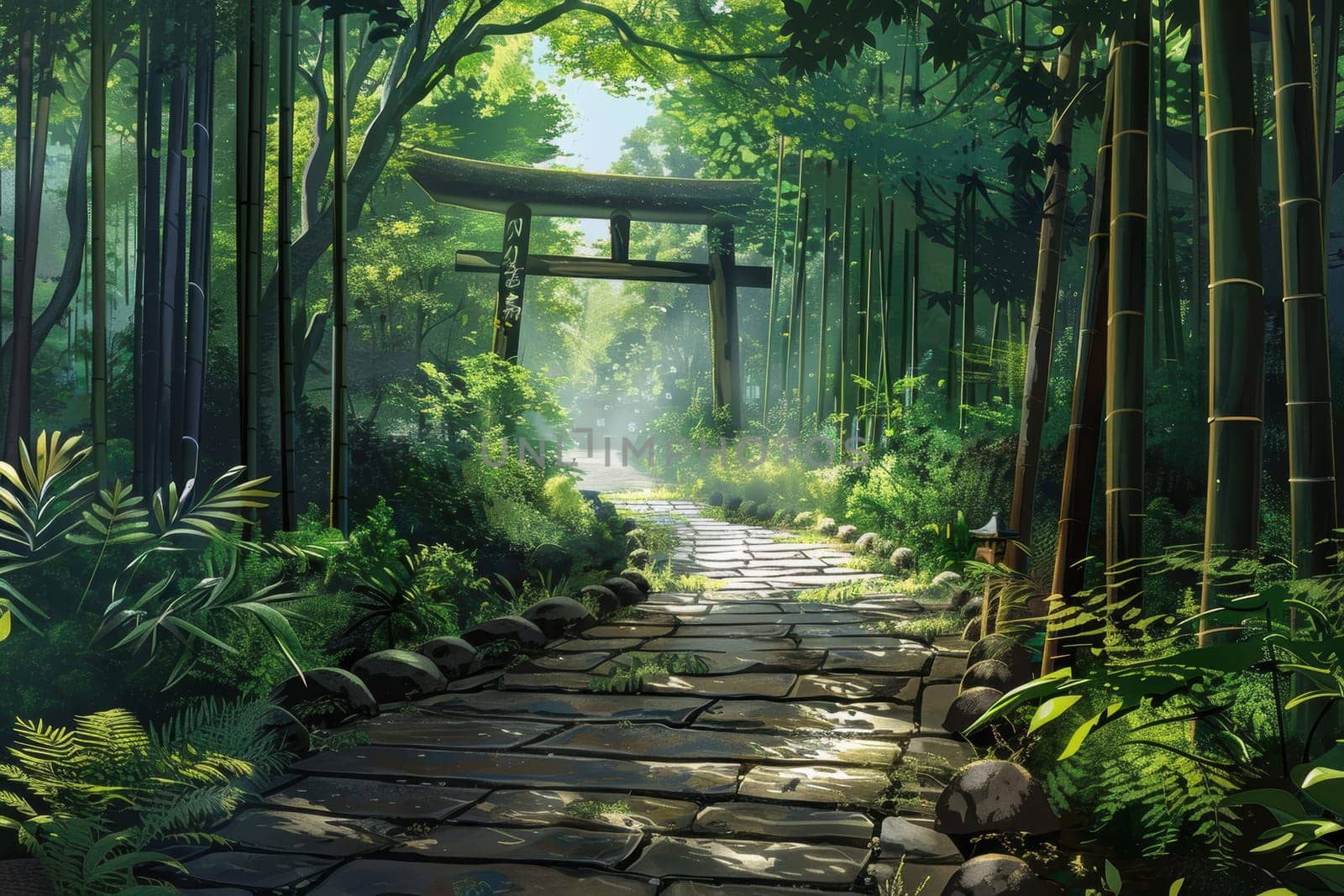 Journey through a serene bamboo forest, where a stone pathway gently guides you to a traditional wooden gate. surrounded by verdant foliage and bathed in soft light, the scene evokes a sense of tranquility and adventure.