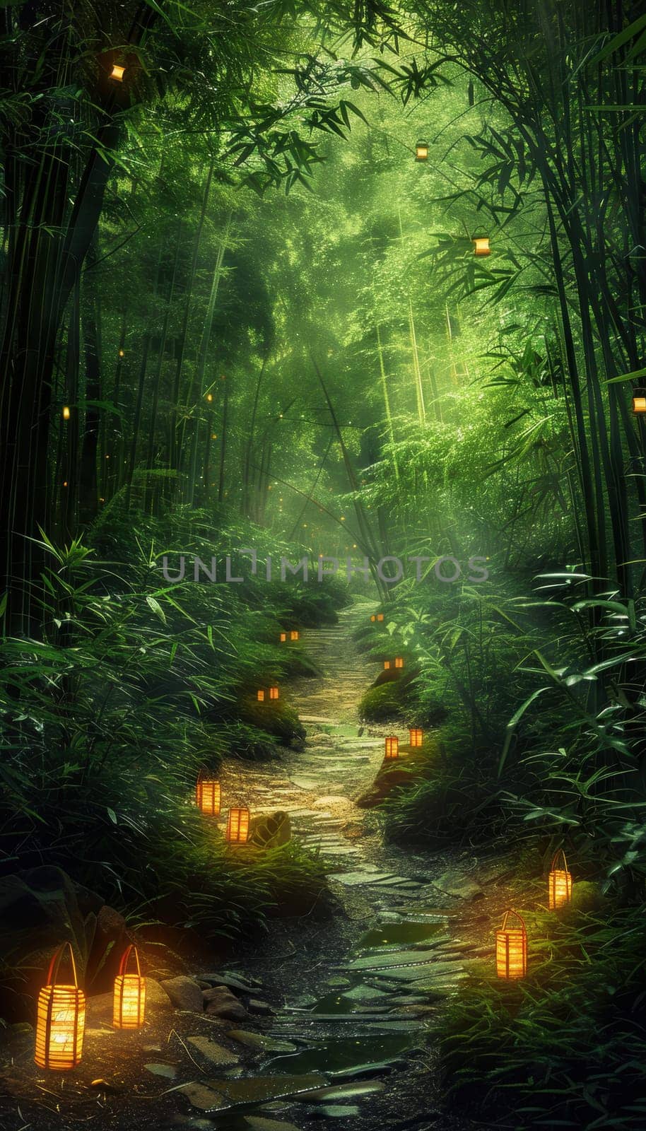 A tranquil bamboo forest path is softly illuminated by lanterns, creating a mystical ambiance. the winding path invites exploration, surrounded by dense bamboo that adds serenity and a sense of adventure to the scene.