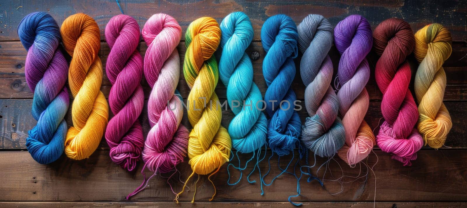 Hand-dyed yarn skeins in a smooth gradient range from warm to cool tones, neatly arranged on a weathered wooden table. each skein showcases meticulous artistry and diverse color palettes, ideal for knitting, crochet, and crafting projects.