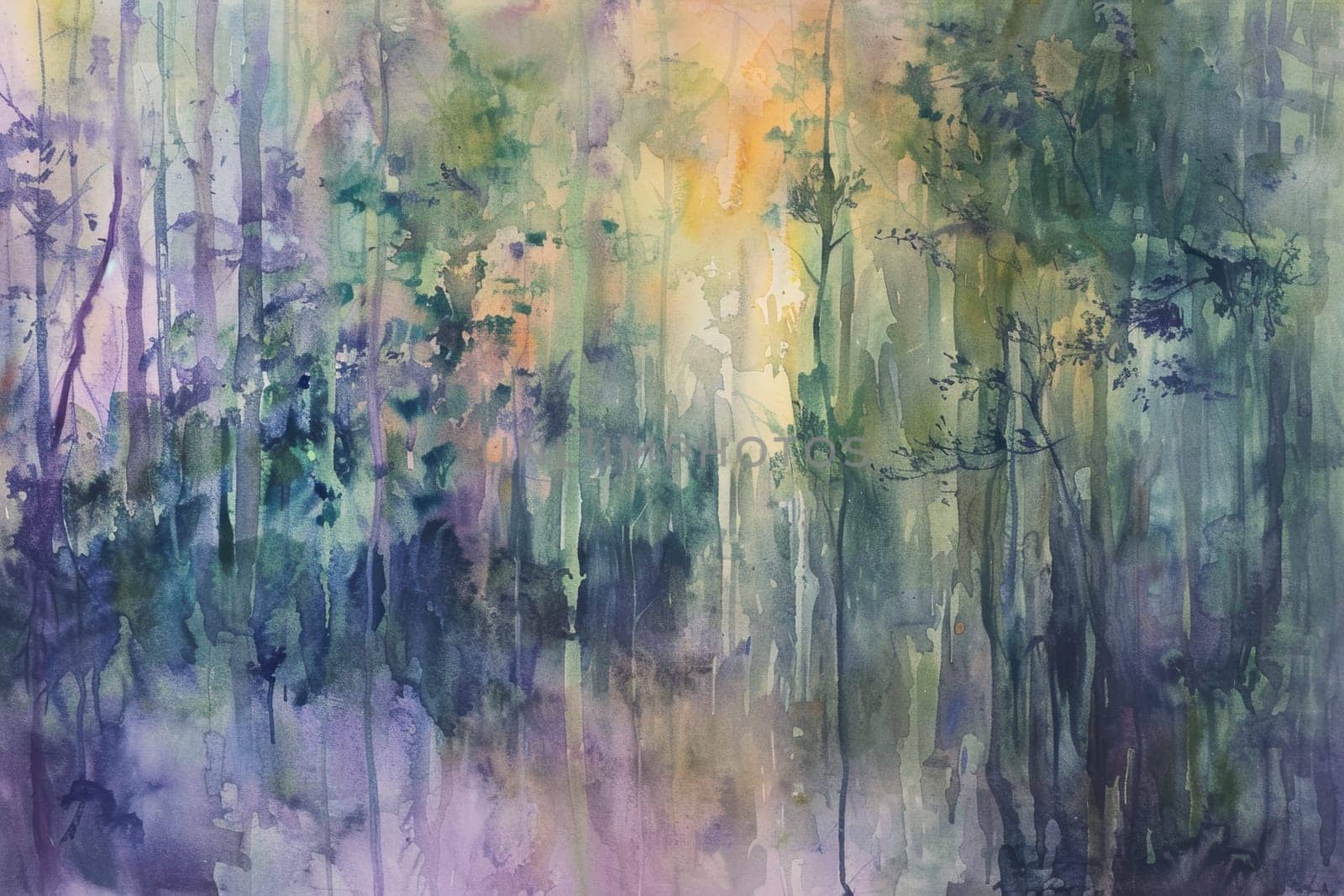 Watercolor painting of a forest during a rainstorm, showcasing soft, flowing colors. the artwork captures movement and tranquility with drips and washes of blues, greens, and yellows, creating an ethereal atmosphere perfect for serene decor.