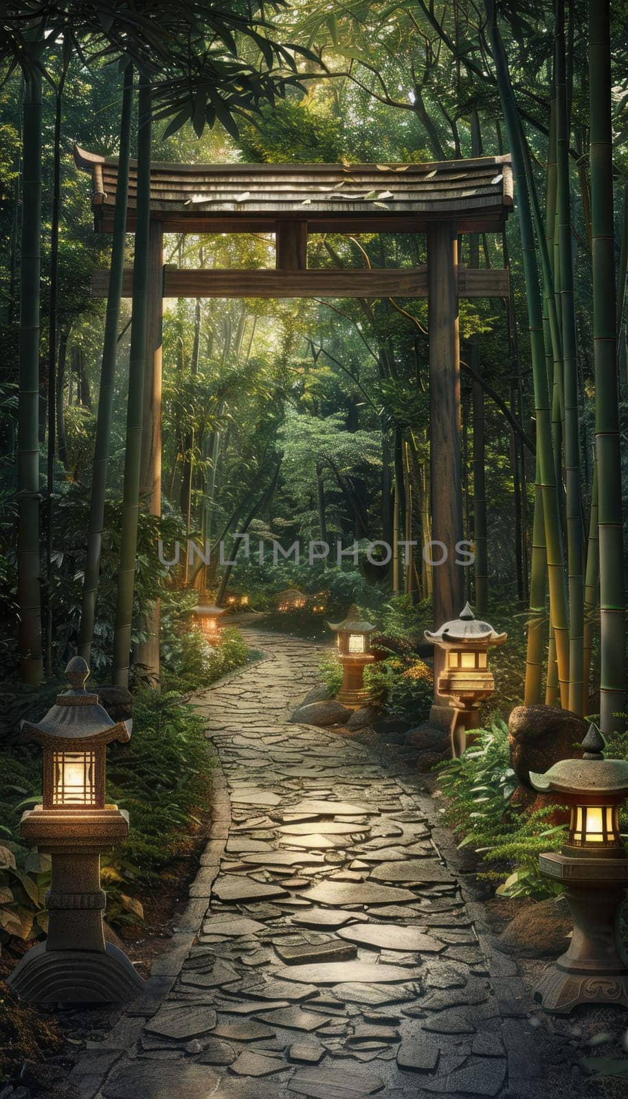 A serene pathway meanders through a lush bamboo forest, bordered by softly glowing stone lanterns. the tranquil scene, with its gentle lighting and verdant foliage, creates a peaceful ambiance ideal for quiet reflection and exploration.