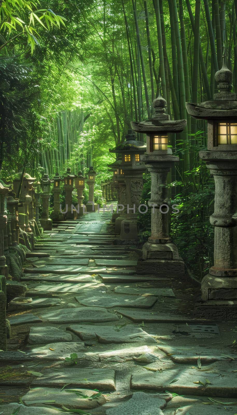 Bamboo forest pathway illuminated by ornate stone lanterns, evoking tranquility and mystery. the winding path, flanked by dense greenery, invites serene exploration and a sense of peaceful seclusion.