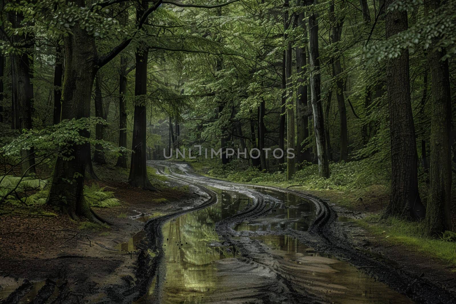 Winding path in a lush forest during heavy rain, with large puddles and streaming water. tall trees surround the scene, creating a serene and peaceful atmosphere, the raw beauty and tranquility of nature in a rainy setting.