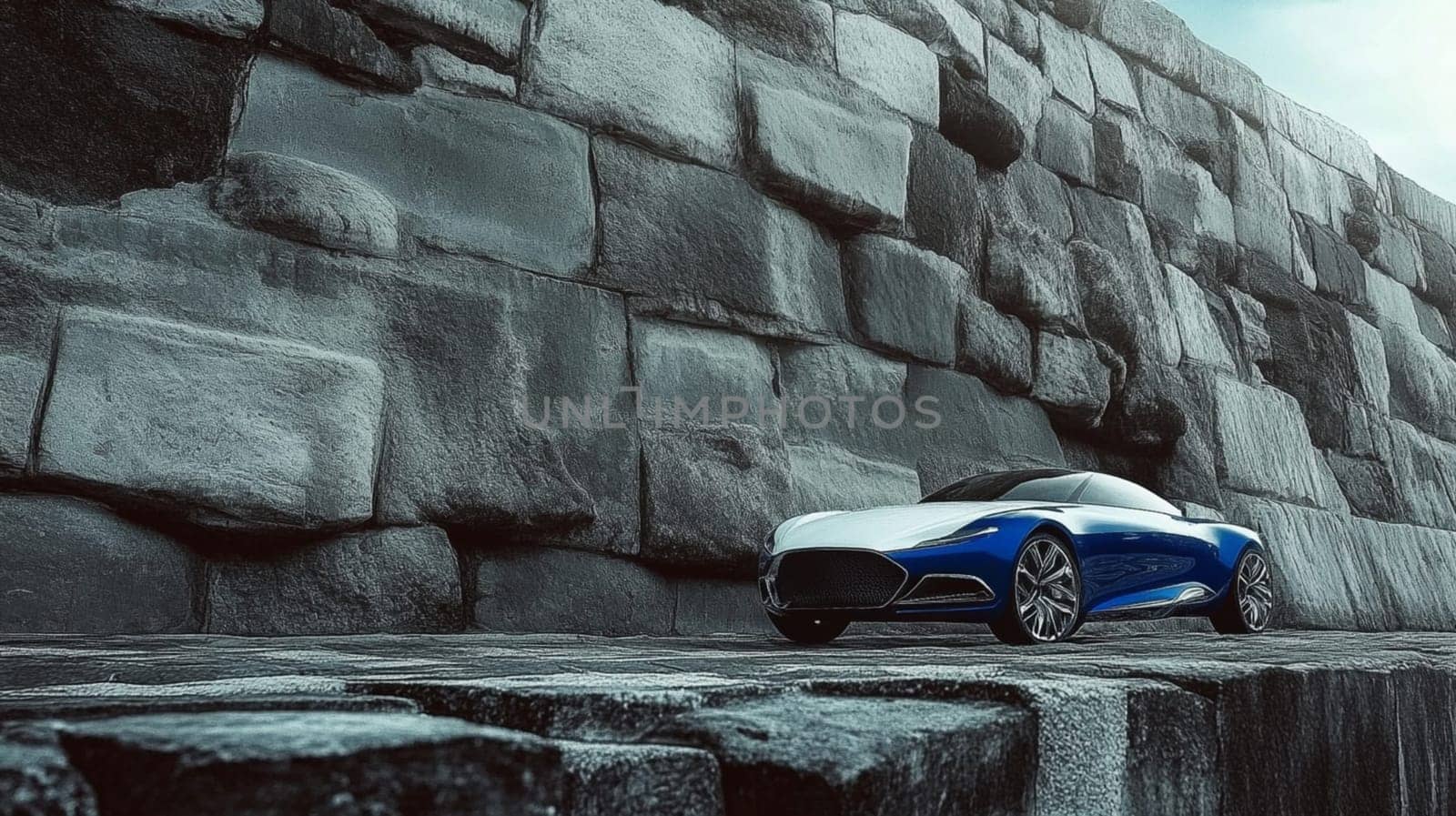 Stylish blue electric sports car poses by a stone wall on a cloudy day, exuding elegance and innovation