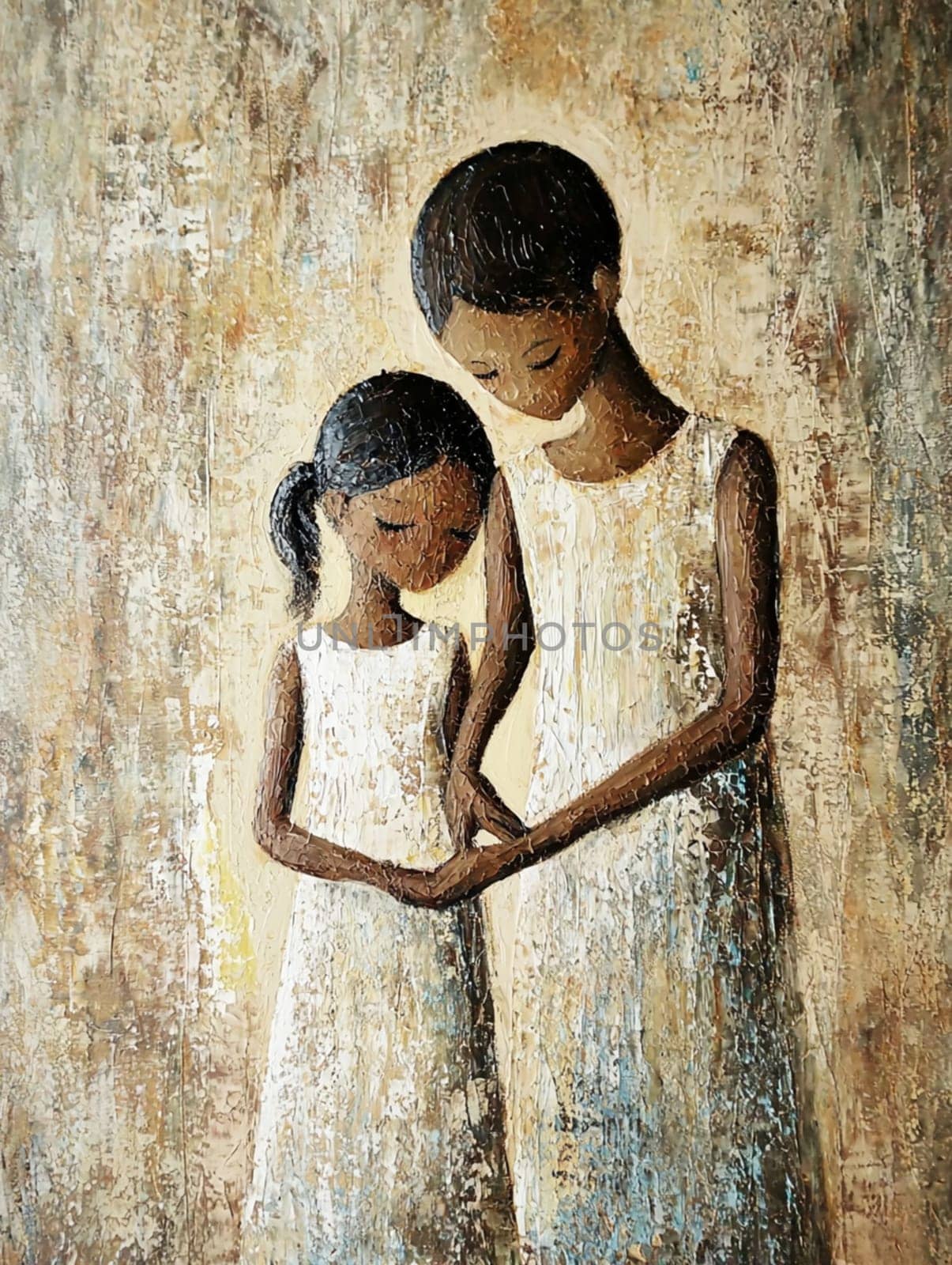 Heartwarming painting of a mother and daughter holding hands, exuding love and togetherness in white dresses. The emotional bond captured with warm colors and brushstrokes
