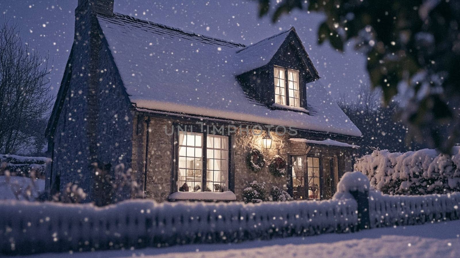Christmas in the countryside, cottage decorated for holidays on a snowy winter evening with snow and holiday lights, English country styling inspiration