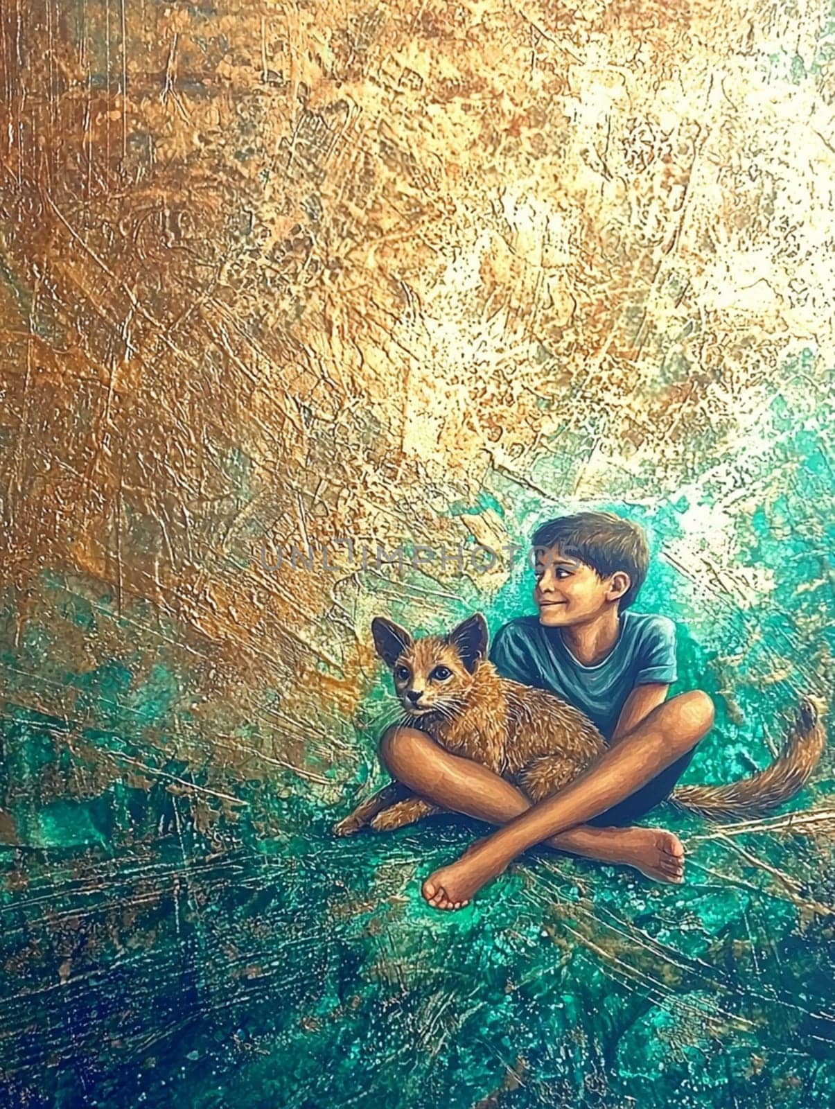 Painting of a young boy sitting with his legs crossed, holding his pet cat on his lap and smiling, on a gold and green textured background