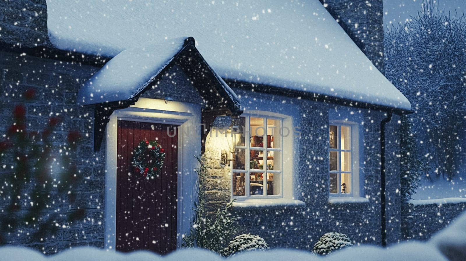 Christmas in the countryside, cottage decorated for holidays on a snowy winter evening with snow and holiday lights, English country styling inspiration