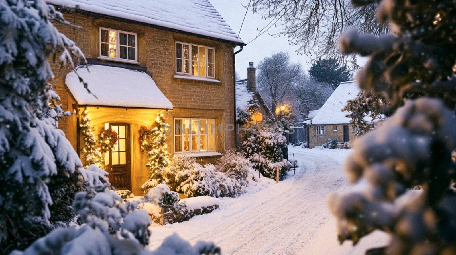 Christmas in the countryside, cottage decorated for holidays on a snowy winter evening with snow and holiday lights, English country styling inspiration