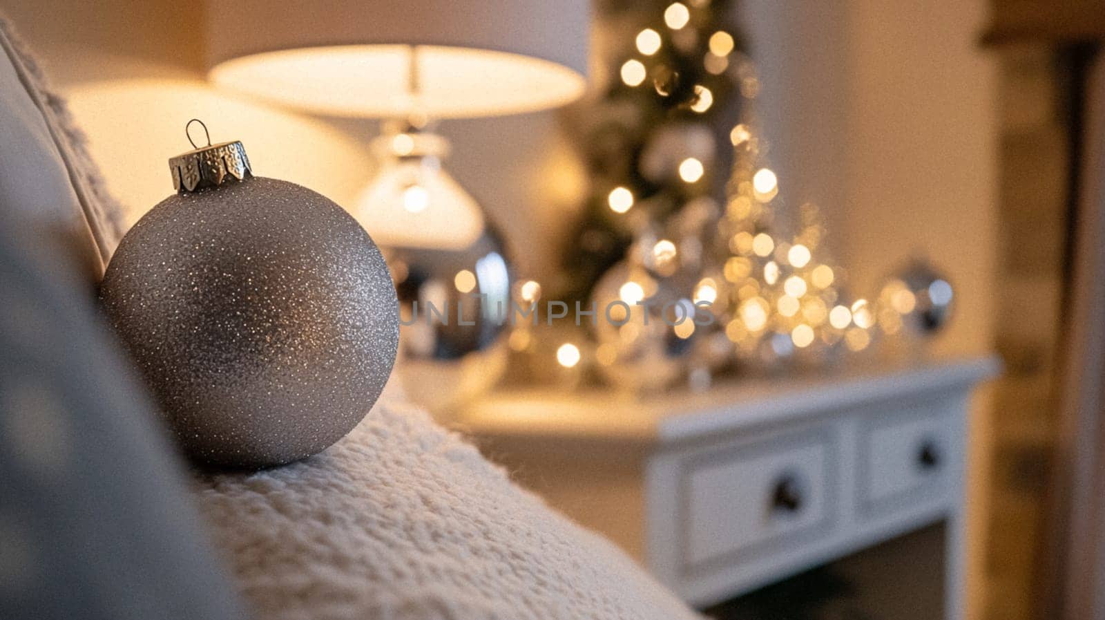 Christmas, holiday decor and country cottage style, cosy atmosphere, decorated Christmas tree in the English countryside house living room with fireplace, interior decoration idea