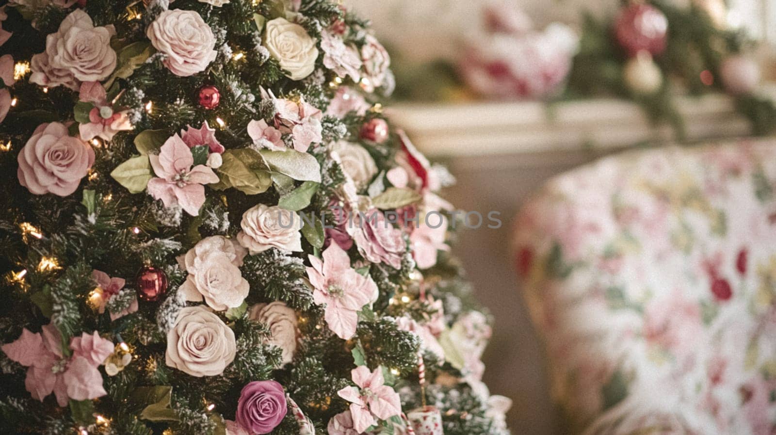 Christmas, holiday decor and country cottage style, cosy atmosphere, decorated Christmas tree in the English countryside house living room with fireplace, interior decoration idea