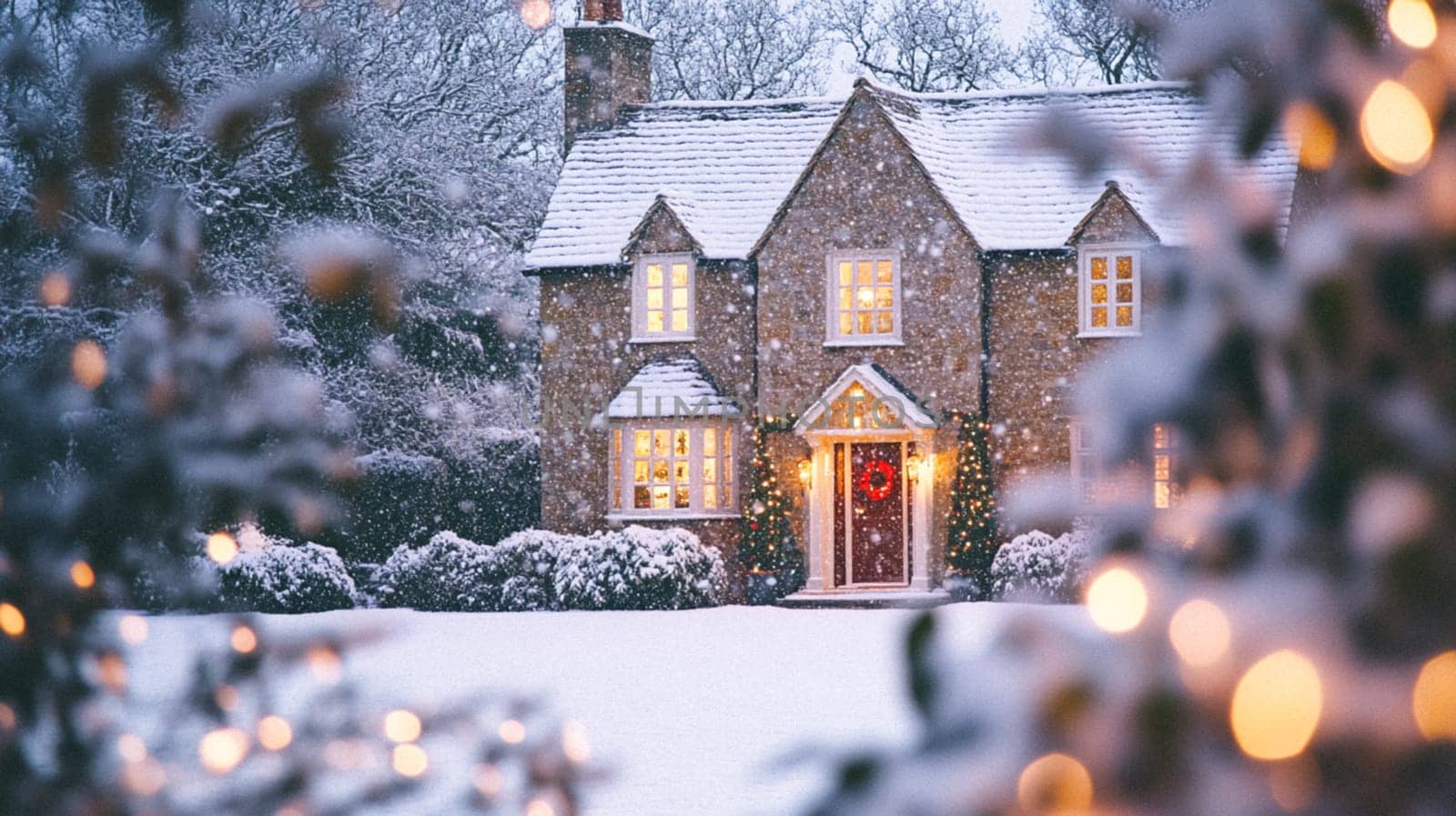 Christmas in the countryside, cottage decorated for holidays on a snowy winter evening with snow and holiday lights, English country styling inspiration