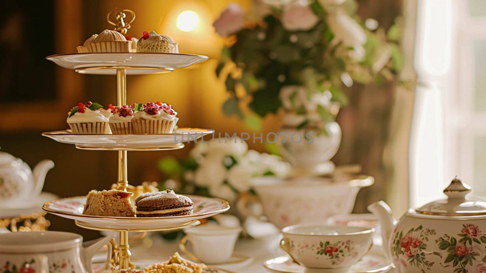 Elegant table setting for tea party with cakes and cupcakes in English manor. Selective focus. Vintage style