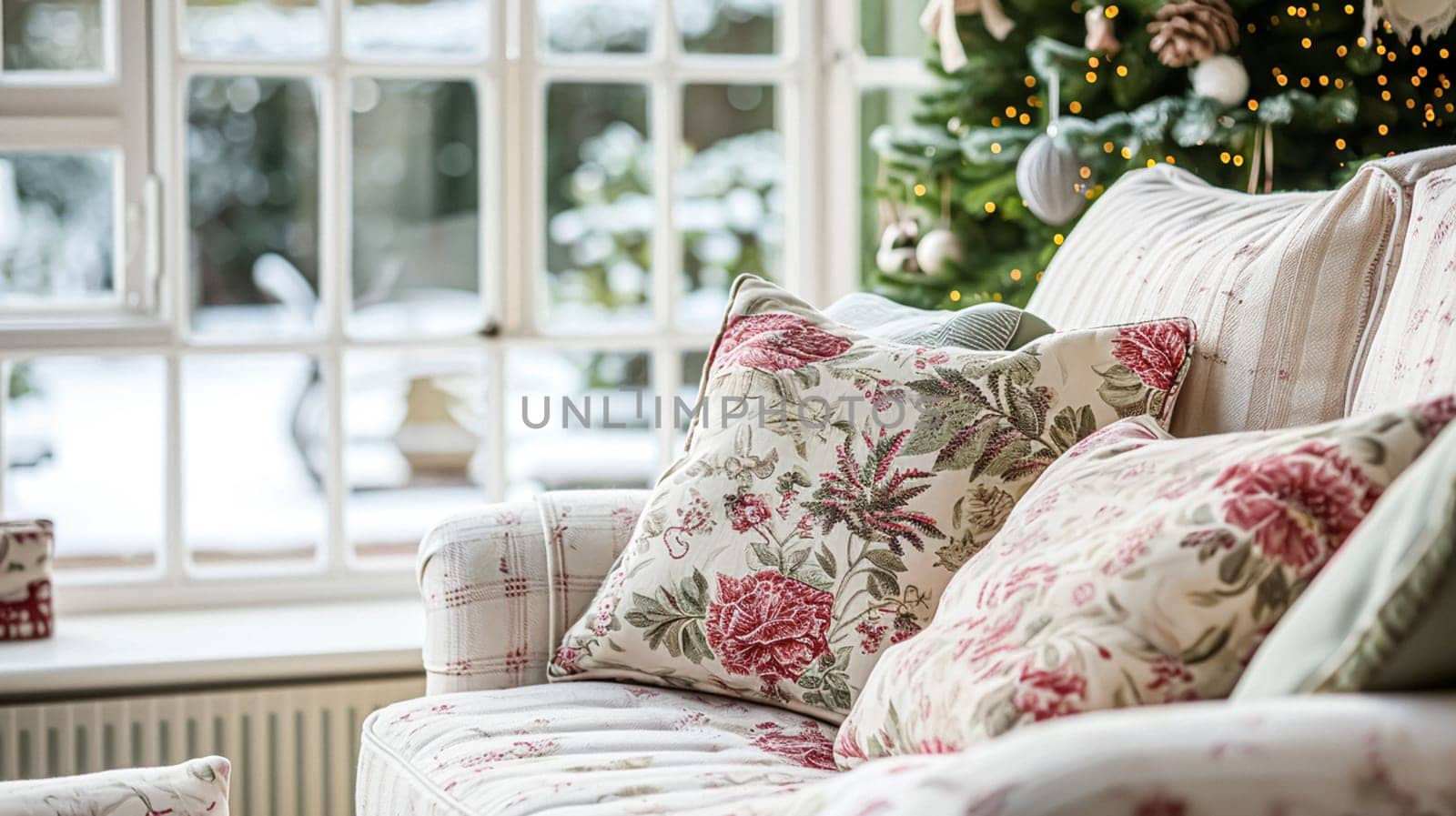 Colorful pillows on sofa against glass wall of window in a winter garden or conservatory. Interior textile concept. High quality photo