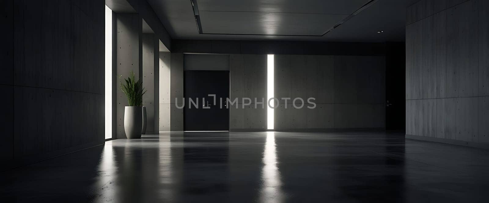 A modern, dimly lit interior corridor with tall vertical lights, a large potted plant, and a door at the end.