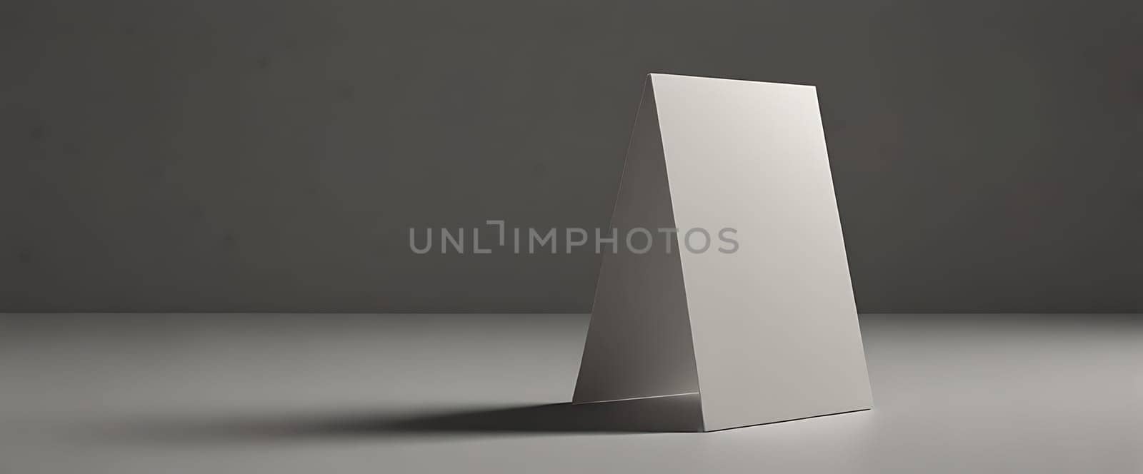 A blank white card leaning against a solid surface in a dimly lit room with a dark background.