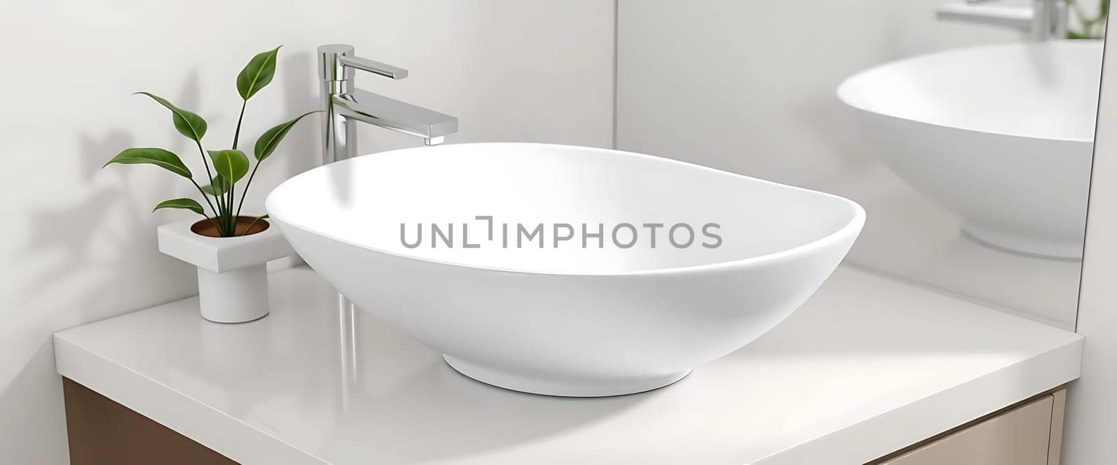 The image shows a modern bathroom sink setup with a white, oval vessel sink on a white countertop.