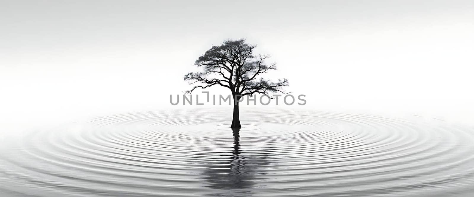 A lone tree stands in still water, creating gentle ripples. The scene is calm and reflective, rendered in black and white.