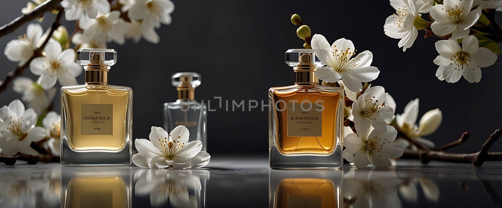 The image displays three perfume bottles labeled "Armada" amidst white blossoms on a reflective surface.