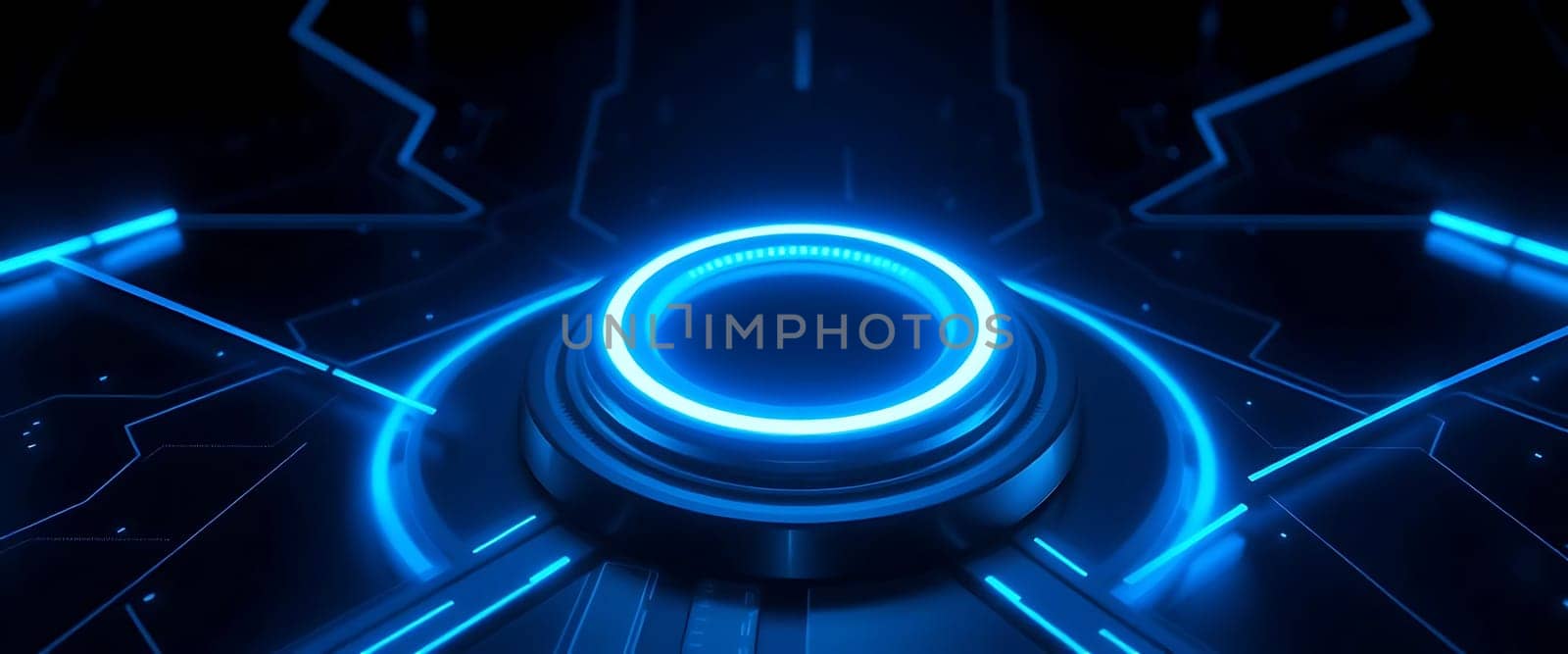 A glowing blue circular platform surrounded by illuminated lines on a dark, futuristic background.
