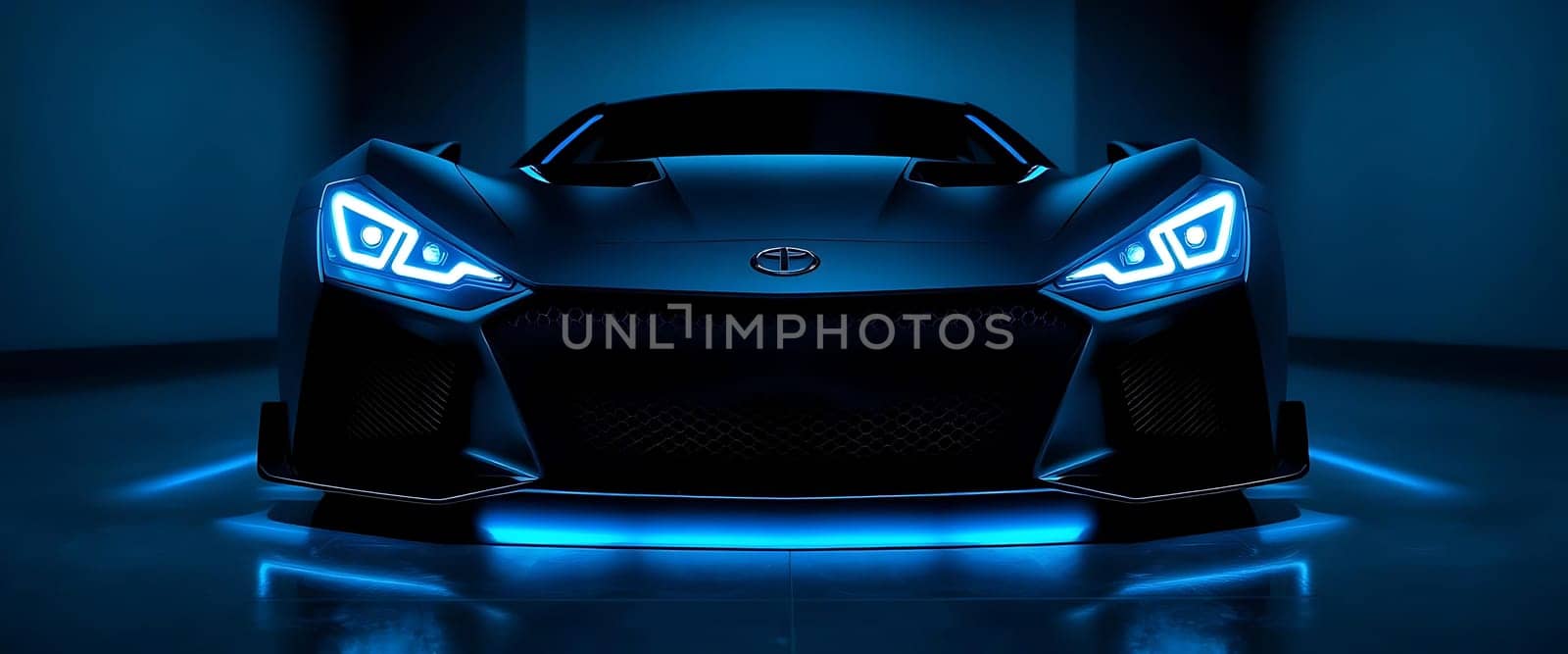 A sleek, futuristic sports car with glowing blue headlights and a prominent front emblem stands in a dark setting.