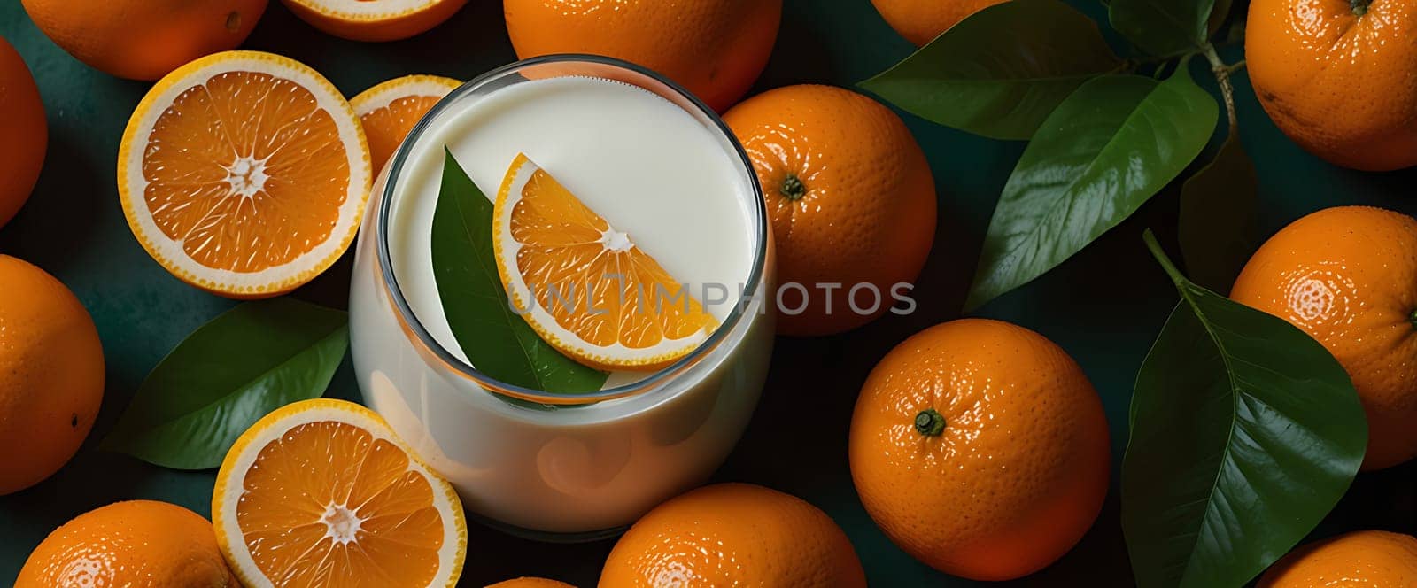 A glass of orange juice garnished with an orange slice, surrounded by whole and sliced oranges with green leaves.