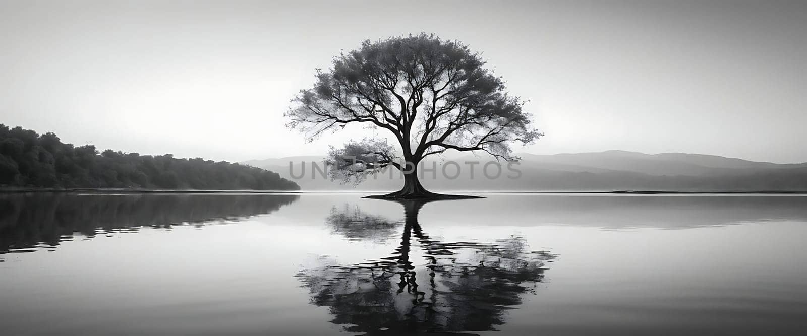 A solitary tree stands on an island within a calm lake, reflecting perfectly in the serene water. The scene is captured in black and white.