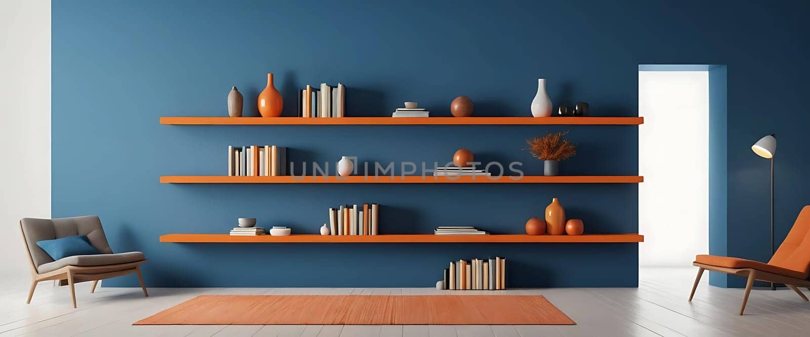 A room with a blue wall featuring three wooden shelves adorned with books and decorative items. Two chairs and a rug.