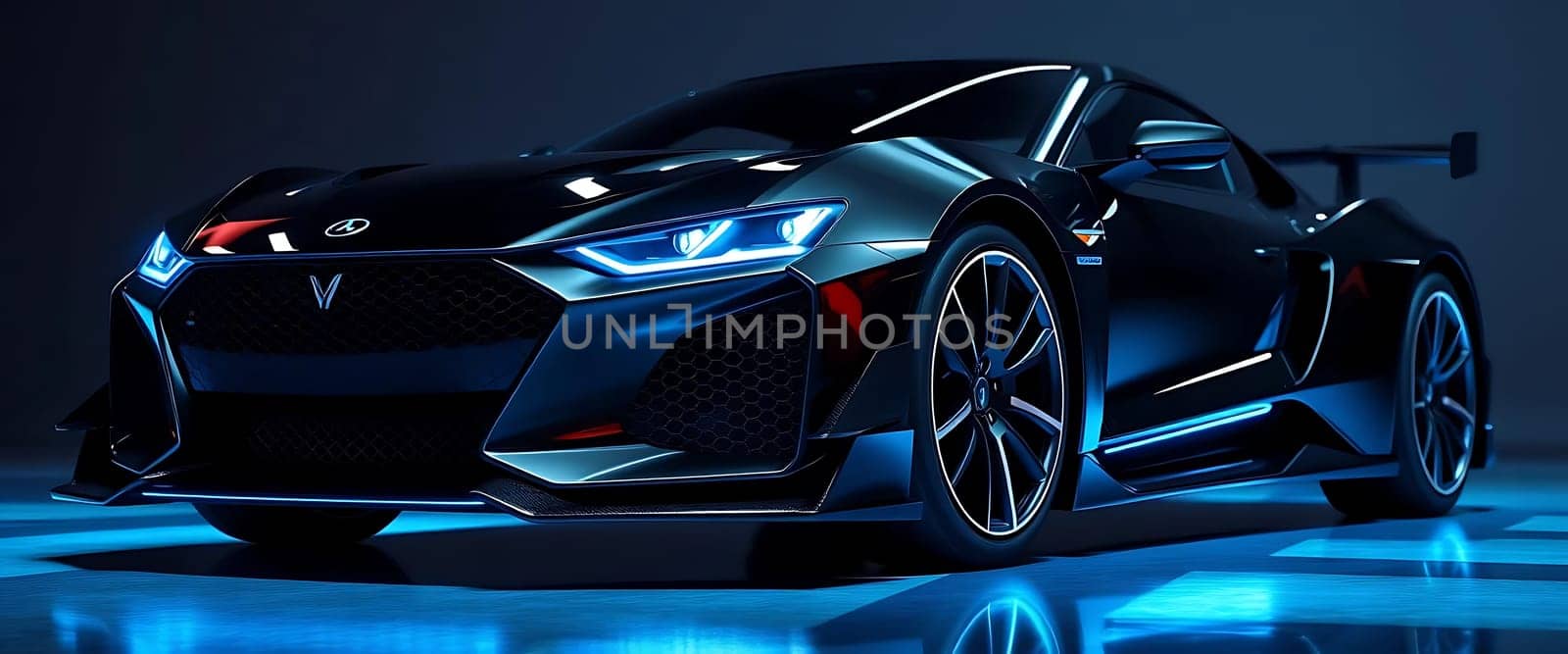 A sleek, futuristic sports car with sharp angles, glowing headlights, and a distinctive front grille with a "V" emblem on display.