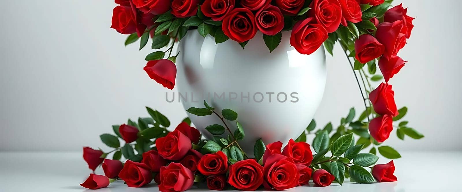 A white vase holds a lush arrangement of red roses, with additional roses scattered around the base on a light surface.