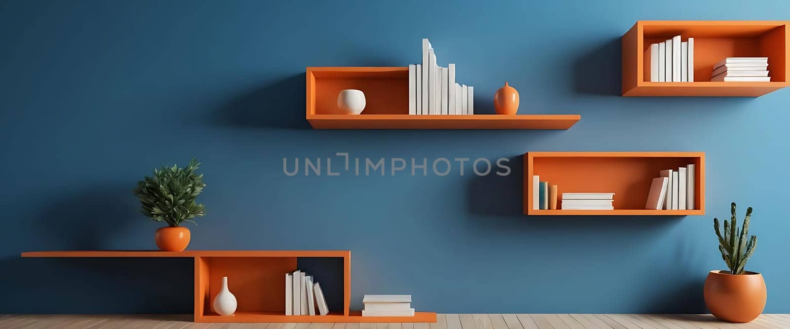 Orange shelves mounted on a blue wall, holding books and decorative items, with two potted plants below.